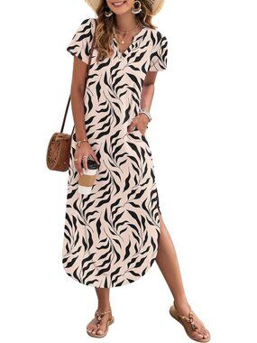 Women's Tan Leaf Summer Maxi Dress 2026 Short Sleeves Casual V Neck Sundress